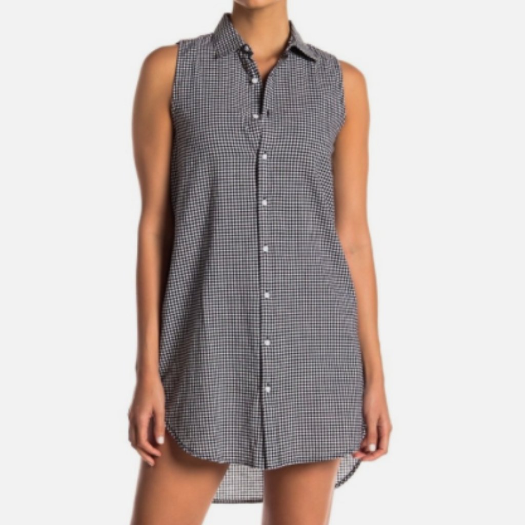 Onia Kaylee Sleeveless Gingham Shirt Dress Black White Button Front Vacation-M